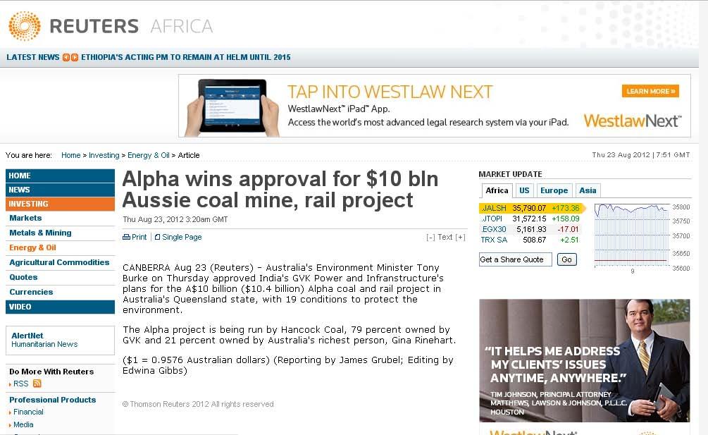 Online Report Alpha wins approval for $10 bln Aussie coal mine, rail project Thu Aug 23, 2012 3:20am GMT CANBERRA Aug 23 (Reuters) - Australia's Environment Minister Tony Burke on Thursday approved