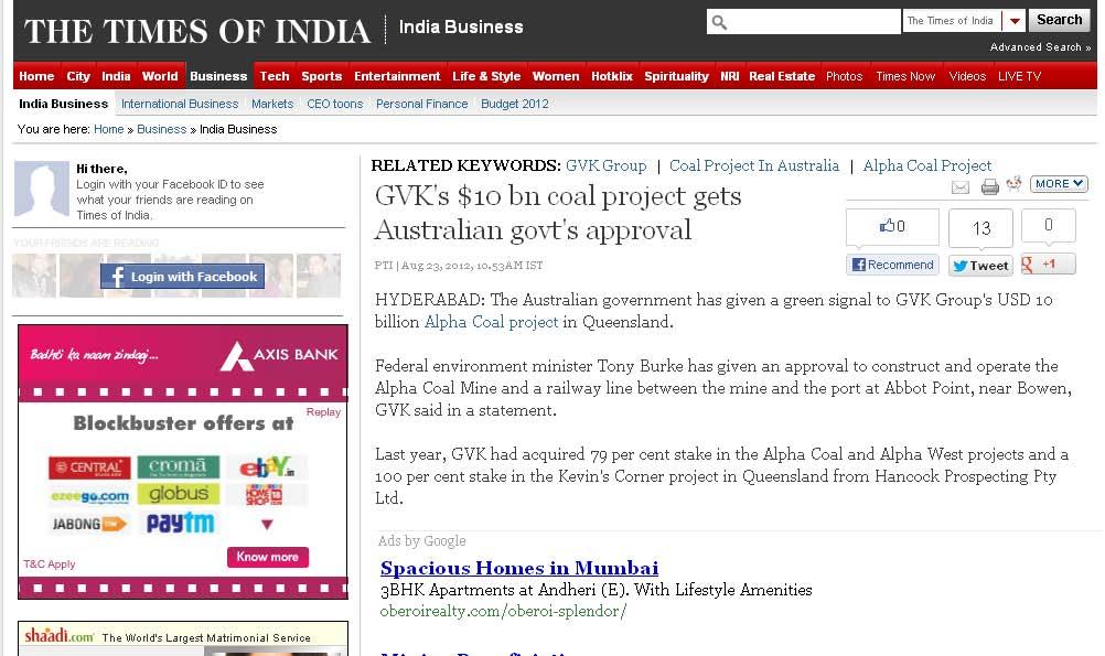 GVK's $10 bn coal project gets Australian govt's approval PTI Aug 23, 2012, 10.