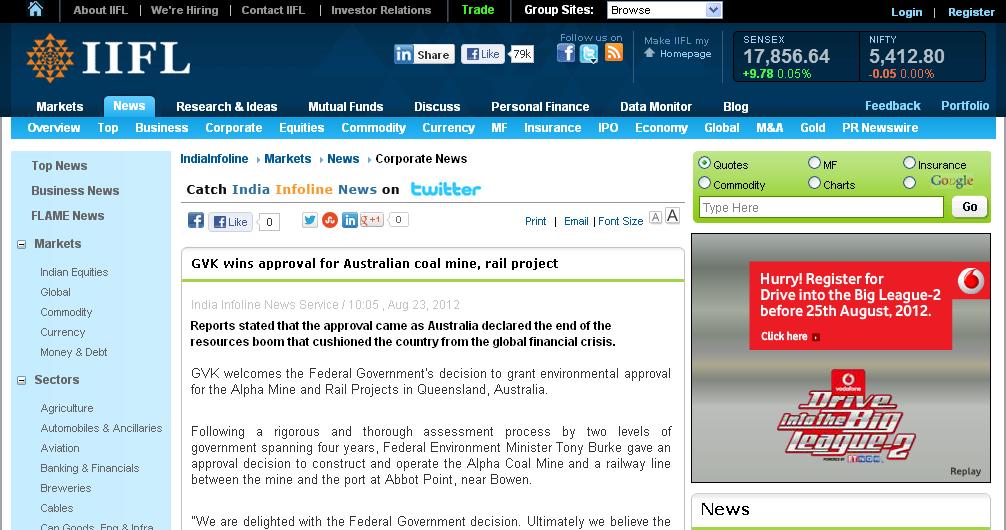 GVK wins approval for Australian coal mine, rail project India Infoline News Service / 10:05, Aug 23, 2012 Reports stated that the approval came as Australia declared the end of the resources boom