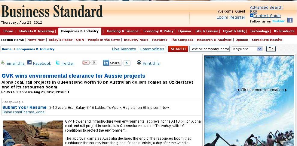 GVK wins environmental clearance for Aussie projects Alpha coal, rail projects in Queensland worth 10 bn Australian dollars comes as Oz declares end of its resources boom Reuters / Canberra Aug 23,