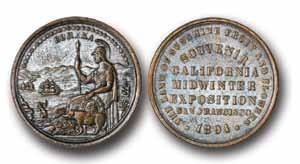 The central text declares the medal a souvenir of San Francisco s California Midwinter Exposition in 1894. 33.5 to 33.