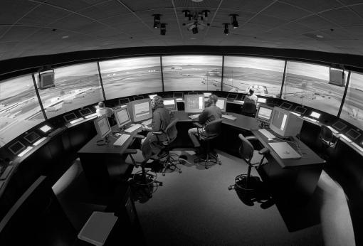 The U.S. National Aeronautics and Space Administration (NASA) FutureFlight Central airport-operations simulator has 12 controller workstations and a 360-degree display of the airport environment.
