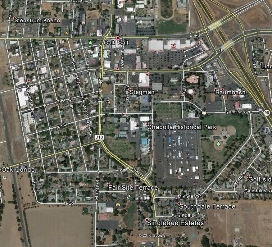 This Google Earth view shows the alignment through Galt.