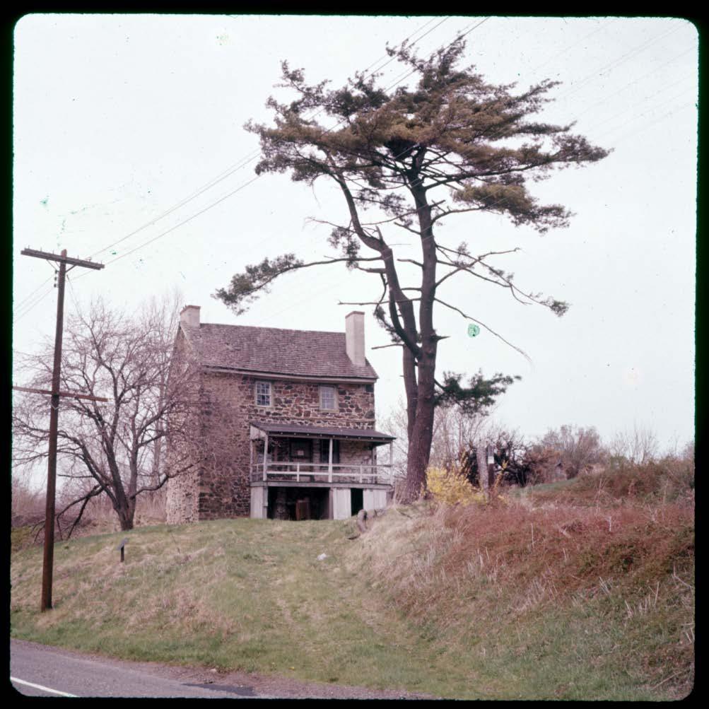 John Chad House, front, with forsythia and