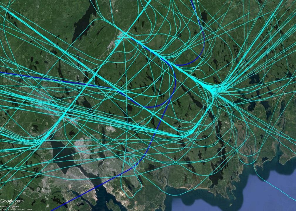 Figure 11 shows a composite of the proposed RNP AR approach paths (in blue) on a map of the Halifax region with a 24-hour sample of arrival traffic as Airspace Change Community Engagement Report CYHZ