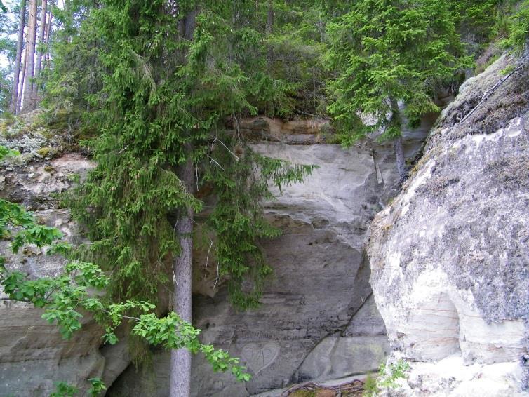 Sietiniezis Rock is a sandstone cliff that rises about 50 feet above the river.