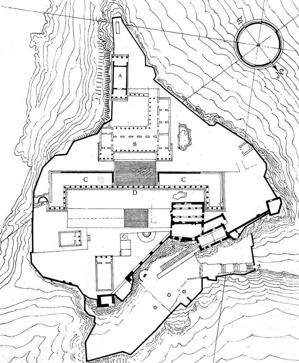 Fig. 14. Lindos, Athenaion. General plan: A. temple; B. upper terrace; C. stoa with paraskenia; D. colonnaded screen and stair to the upper terrace (elaboration by the A. of a drawing by M.