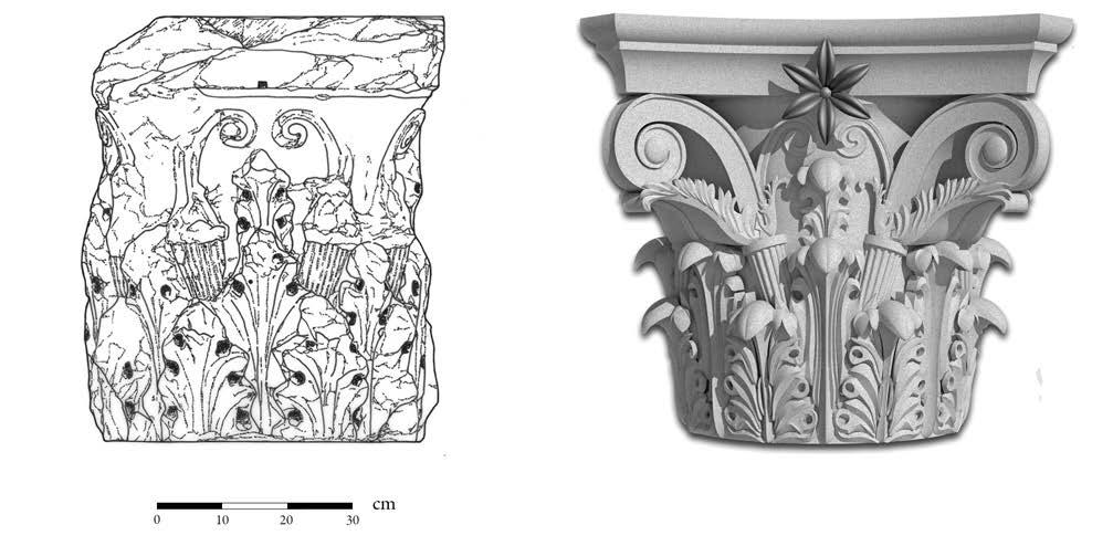 Fig. 30a,b. Ialisos, temple of Athena Polias and Zeus Polieus. The Corinthian capital of the inner order: a. survey (drawing by the A.); b. 3D reconstruction (drawing by A. Maldera). Fig. 31.