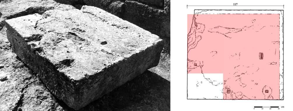 The traces on the upper surface of an angular block of the stylobates belonging to the rear of the temple (north-western corner) permit us to note that the block supported a wall (in light red) and