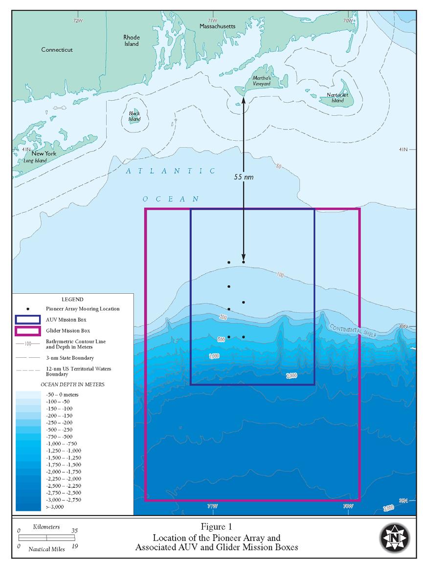 Figure 1-1 Map of the Pioneer Array region over the southern New England continental shelf and slope.