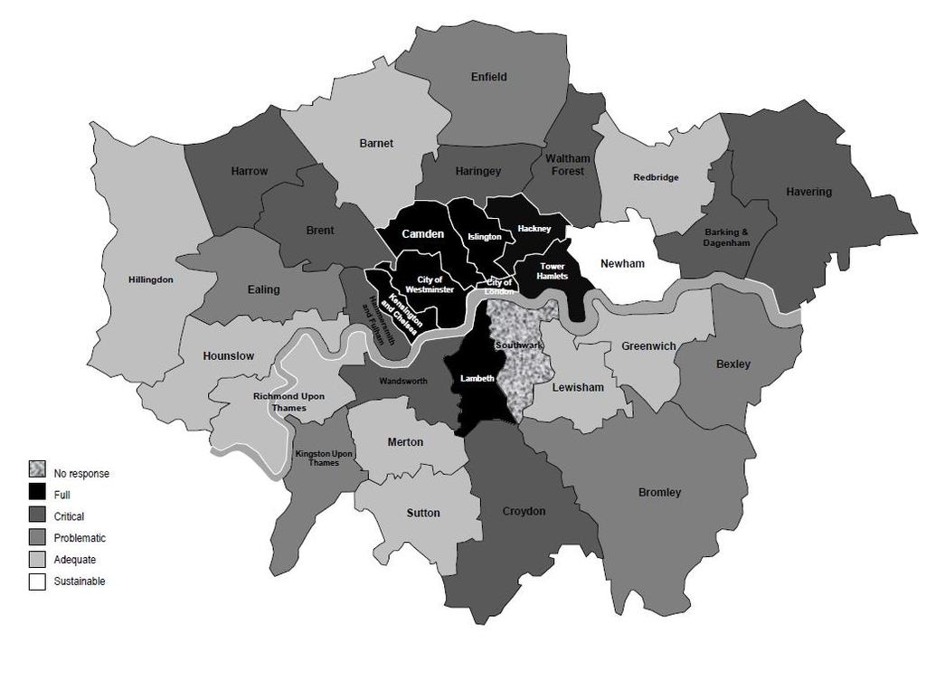Map 2.1: status of London boroughs 2.34 Map 2.1 indicates that the capacity to accommodate further interments is extremely uneven.