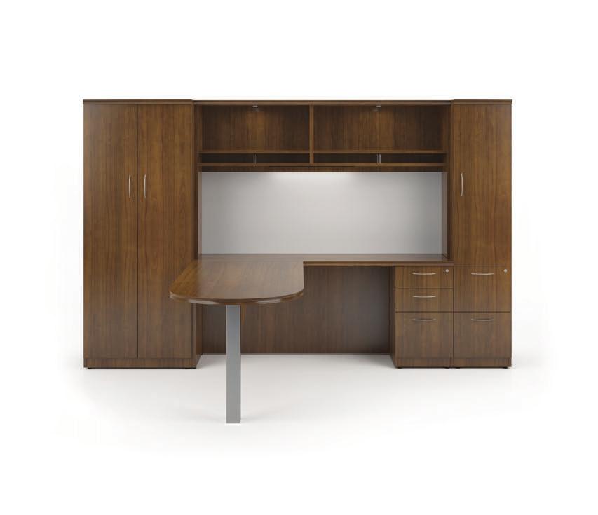 Rectangle Runoff Desk with Metal Sleigh Base Multi-file Credenza Overhead Console with SilverLuma Doors