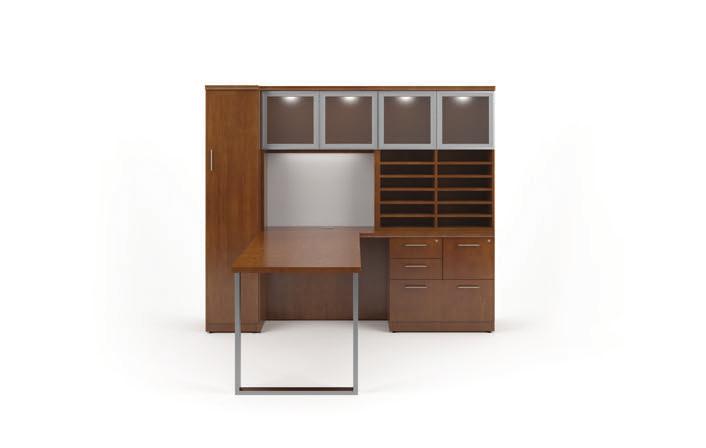 Bullet Runoff Desk with Square Leg Workstation Credenza with Box/Box/File 2 Section Open Organizer Overhead