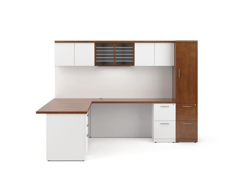 Single Pedestal Desk with Overhang Return with File/File Pedestal 2 Panel Door Wall Mounted Cabinets 1 Open/Organizer Sorter Cabinet Storage/File Half Tower Finish: Caramel Cherry Optional: White