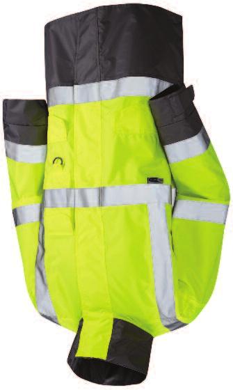 EN ISO 20471 Class 3, EN 343 3:3 Yellow PJK81HV S - 4XL HI VIS TWO TONE TRAFFIC JACKET 300D polyester PU coated fabric with 170gsm quilt lining. Concealed hood. Two outer inset pockets with flaps.