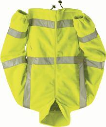 Fleece-lined collar. Elasticated arm holes. Warm quilt lining. Water repellent outer fabric. Retromax reflective tape.
