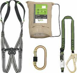 This kit is composed of: 1 harness 2 attachment points, ref. FA 10 103 00, 1 twisted rope restraint lanyard, length 1.5 m, ref. FA 40 100 15, 2 steel screw-locking karabiners, ref.