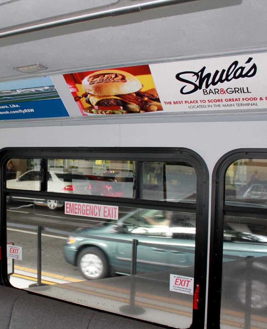 Shuttle Bus Display Location: Interior of Shuttle Bus ¾ 19 display ads ¾ One display on each shuttle bus ¾ Size: 36 x 10.