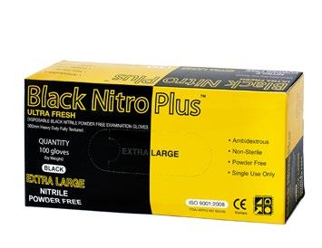 ULTRA FRESH BLACK NITRO-NITRILE POWDER FREE GLOVE CODE: 468460 SIZES: S, M, L, XL, XXL PACK: 100 CARTON: 1000 Black disposable nitrile gloves. Powder free.