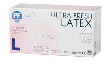 94539 ULTRA FRESH CLEAR LATEX POLYMER COATED POWDER FREE GLOVES 200 PACK CODE: 468405PC/200 SIZES: S, M, L, XL PACK: 200 CARTON: 2000 Polymer coating is a new process applied to the inner surface of