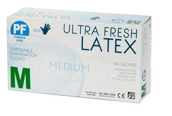 ULTRA FRESH BLUE DISPOSABLE LATEX POWDERED GLOVE CODE: 468412 SIZES: S, M, L, XL PACK: 100 CARTON: 1000 Blue disposable latex gloves. Powdered.