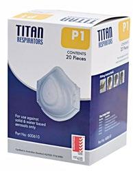 TITAN P1 DISPOSABLE RESPIRATOR CODE: 600610 PK: 20 CTN: 240 SPECIFICATION: Certified to AS/NZS 1716:2012 P1 Standards with SAI Global Lic No SMKH20566.