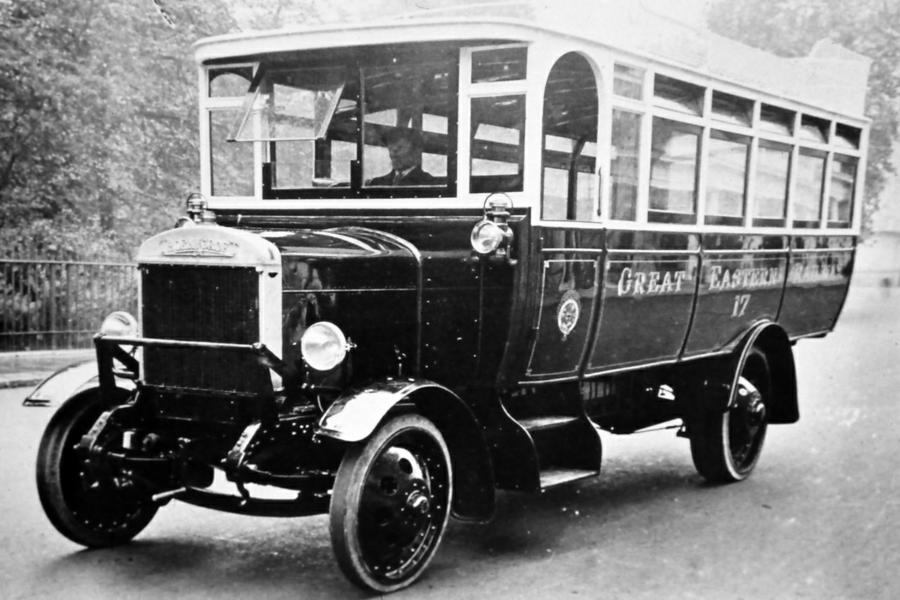 In 1919 the G.E.R. purchased 6 Thornycroft J buses. This is No. 17 before delivery and registration.