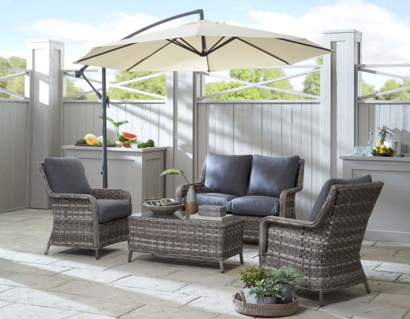 AOSTA CHAIR (2) 233-35502 31 x 36 x 28 LOVESEAT (1) COCKTAIL TABLE (1) 31 x 36 x 52 39 x 17 x 20 UV Resistant Wicker Prevents Colour Fading The UV Protection ensures longevity of this set.