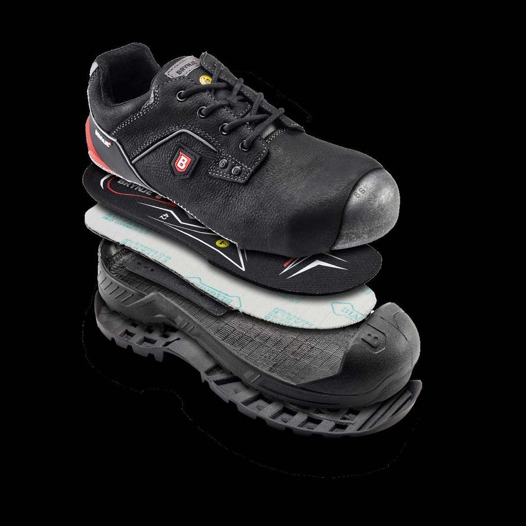 Construction of a safety shoe WITH REFLECTIVE DETAIL: GREATER VISIBILITY. IMPROVED SAFETY ESD APPROVED: MINIMISES STATIC ELECTRICITY WIDE FIT: EXTRA ROOM.