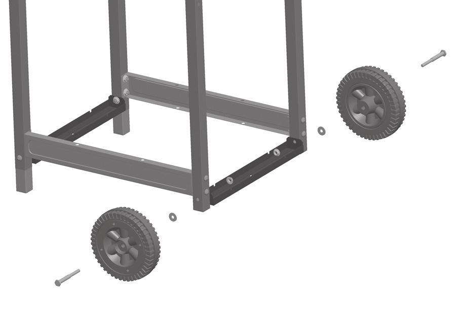 2 c. Assemble the wheels (DI) and the left bottom brace (DH) to the left cart legs (), at the same time, as shown.