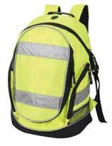 GATWICK 1340 Essential Hi-Vis backpack Large main compartment with transparent plastic pocket and pen organiser section Additional zipped front pocket with chunky zip Reflective strips on three sides