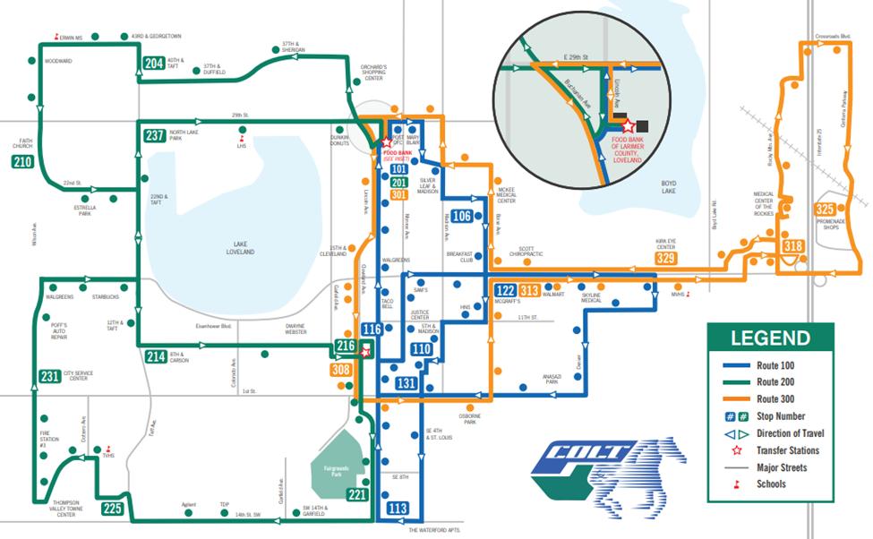 City of Loveland Transit (COLT) The Loveland Public Works Department operates a fixedroute system and a paratransit service with service running between 6:38 a.m. and 6:37 p.m. Monday through Friday, and between 8:48 a.