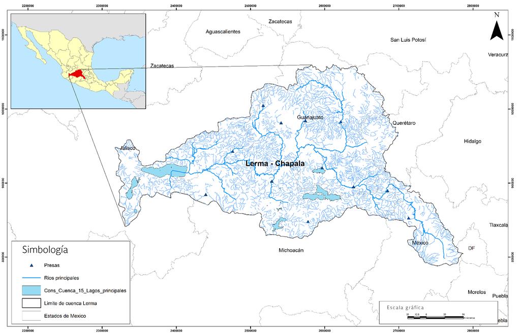 The Lerma - Chapala river basin is located in the central part of Mexico. area of 53,591.