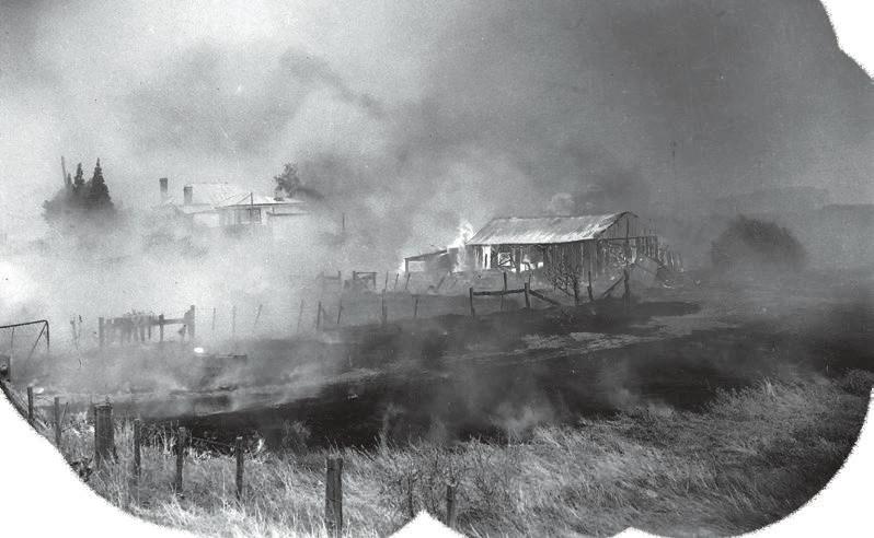The fire, fanned by strong winds, swept down from Dromedary, struck the Midland Hwy, raced through pastures and into the original Bridgewater township.