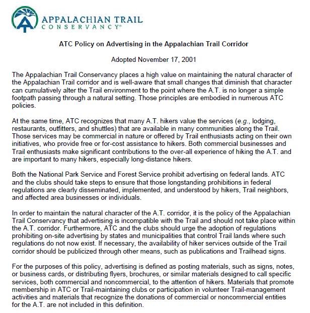 APPALACHIAN TRAIL CONSERVENCY ATC Policy on