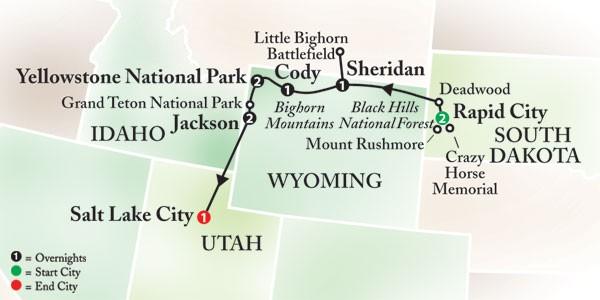 Highlights Rapid City - Mount Rushmore - Deadwood - Black Hills National Forest - Little Bighorn Battlefield - Cody - Yellowstone - Jackson - Salt Lake City DOUBLE $2,699; Single $3,399; Triple