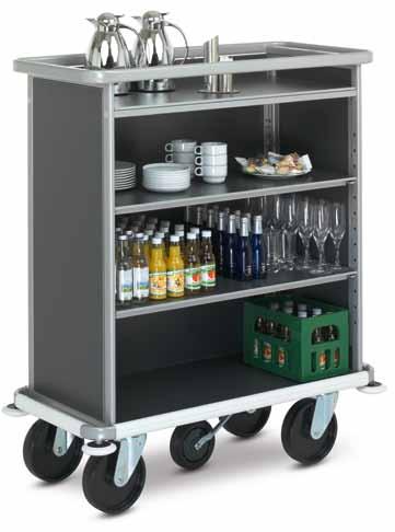 03.03 Premium-BS Banquet service trolley always a good appearance > 3 finishes > Additional insertable shelves BS-11 with accessories Standard equipment: Steel-tube design, 2 fixed and 2