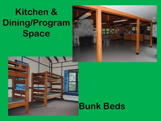 There is a full kitchen and open eating/program space, and a porch off to the side.