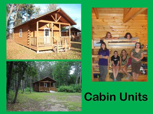 There are 13 log cabins that sleep 10 people each (8 campers in 4 bunks and separate counselor sleeping with 2 beds).