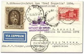 Estimate $300-400 1822 Ger many: Saar, 1934 (June 23-28), Graf Zep - pe lin Ar gen tina Flight, Friedrichshafen - Bue nos Ai res,