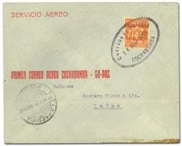 14), LAB First Flight, Cochabamba - La Paz, franked with Bolivia red over print air mail stamp (Sanabria 3); light hor i zon tal