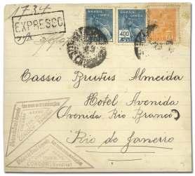 1858 Brazil, 1927 (June 3), Con dor Santos - Rio de Ja neiro, post card with two Con dor tri an gles, Very Fine.