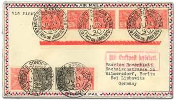 dor stamps, no flight ca chet, red Ham burg airmail confirmation cachet, Berlin postmark 1.4.30, Very Fine.