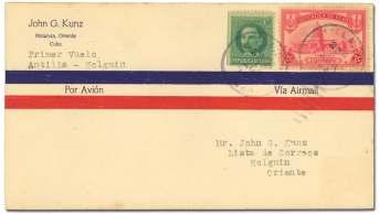 ex ten sion of Route 1 East from San ti ago de Cuba, not Holguin. This short time gave lit tle chance to pre pare cov ers, this is a Votaw re turn cover signed by Pi lot R.H. McGlohn and with the spe cial ca - chet, Very Fine, Very Rare, 1 of only 9 cov ers to make the full return flight.