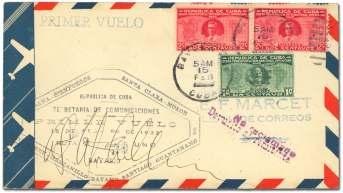 Estimate $200-300 Nierinck 310119a. 1902 Cuba, 1932, Com bi na tion of Routes 1 and 2, Bayamo to Antilla, lovely cover signed by first pi lot A.L.