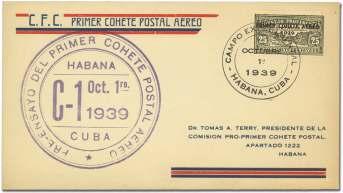 Estimate $2,000-3,000 1904 Cuba, 1935, In ter na tional Glider Flight from Ha vana to Mi ami, six cov ers: per fo rated stamp with pi lots and other sig na tures; pair of per fo rated on cover with
