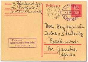 1919 Ger many, 1933 (June 6), DLH South At lan tic First Trial Flight, Westfalen - Na tal, Brazil, postal card to F.