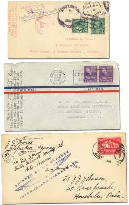 1928 Ha waii, 1919-34, com mer cial air cov ers, 5 cov ers: first ser vice from Ho no lulu to Hilo, un listed; 1924 franked C6 to U.
