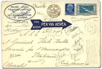 15), Balbo Mass Flight to Rio, signed by all 18 pi lots, franked with 7.70 lira air mail stamp and 1.