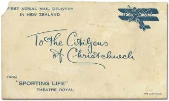 In cludes printed let ter in sert stat ing Save This as a sou ve nir of the First Ae rial Mail De liv ery in Christchurch. Only 2 cov ers known.